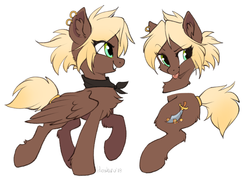 Size: 1155x846 | Tagged: safe, artist:hioshiru, derpibooru import, oc, oc:forly, unofficial characters only, pegasus, pony, chest fluff, ear fluff, ear piercing, earring, female, jewelry, neckerchief, piercing, pirate, side view, simple background, smiling, solo, tail wrap, tongue out, white background