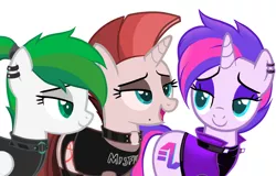 Size: 1280x820 | Tagged: safe, derpibooru import, oc, oc:peri, oc:scarlet rebel, oc:synthwave, unofficial characters only, pegasus, pony, unicorn, base used, clothes, ear piercing, female, mare, piercing, punk, simple background, white background