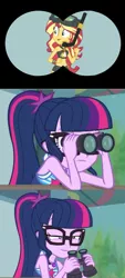 Size: 360x799 | Tagged: safe, derpibooru import, edit, edited screencap, screencap, sci-twi, sunset shimmer, twilight sparkle, equestria girls, equestria girls series, unsolved selfie mysteries, beach, binoculars, clothes, exploitable meme, female, geode of telekinesis, lesbian, magical geodes, meme, sci twi is watching you, scitwishimmer, shipping, sunsetsparkle, swimsuit