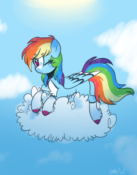 Size: 601x768 | Tagged: safe, artist:s1nb0y, derpibooru import, rainbow dash, pegasus, pony, alternate design, cloud, colored hooves, female, looking at you, mare, one eye closed, prone, signature, sky, solo, unshorn fetlocks, wink