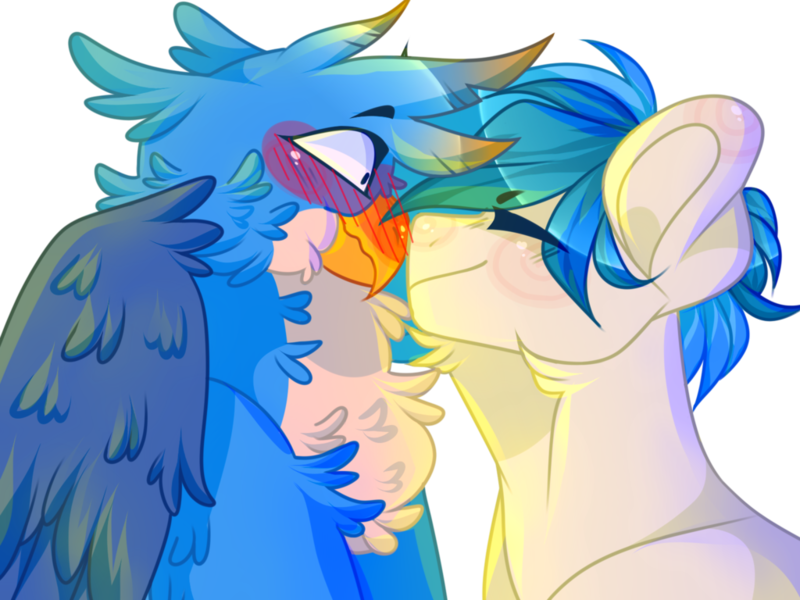 Size: 1024x768 | Tagged: dead source, safe, artist:pinataghost, derpibooru import, gallus, sandbar, earth pony, gryphon, pony, school daze, blushing, chest fluff, eyes closed, fluffy, gallbar, gay, interspecies, male, maximum overfloof, neck fluff, nuzzling, shipping, simple background, transparent background, vulgar description