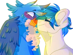 Size: 1024x768 | Tagged: dead source, safe, artist:pinataghost, derpibooru import, gallus, sandbar, earth pony, gryphon, pony, school daze, blushing, chest fluff, eyes closed, fluffy, gallbar, gay, interspecies, male, maximum overfloof, neck fluff, nuzzling, shipping, simple background, transparent background, vulgar description