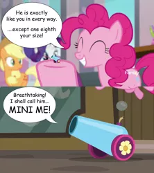 Size: 1600x1800 | Tagged: applejack, austin powers, derpibooru import, dr. evil, edit, edited screencap, editor:wild stallions, mini-me, movie reference, number two, party cannon, pinkie pie, rarity, safe, school daze, screencap, the gift of the maud pie, the spy who shagged me, the world's smallest party cannon