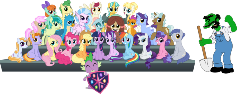 Size: 1001x388 | Tagged: safe, derpibooru import, applejack, fluttershy, gallus, ocellus, pinkie pie, rainbow dash, rarity, sandbar, silverstream, smolder, starlight glimmer, twilight sparkle, twilight sparkle (alicorn), yona, oc, oc:anon, alicorn, classical hippogriff, gryphon, hippogriff, groundskeeper willie, mane six, school of friendship, simple background, student six, the simpsons, transparent background