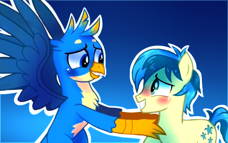 Size: 873x548 | Tagged: safe, artist:s1nb0y, derpibooru import, gallus, sandbar, gryphon, school daze, blushing, gallbar, gay, interspecies, male, shipping, smiling, teenager