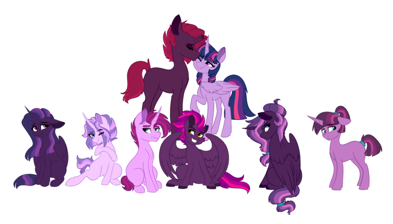 Size: 2272x1292 | Tagged: safe, artist:saphi-boo, derpibooru import, tempest shadow, twilight sparkle, twilight sparkle (alicorn), oc, alicorn, pegasus, pony, unicorn, my little pony: the movie, alicorn oc, broken horn, eyes closed, female, group, lesbian, magical lesbian spawn, next generation, nuzzling, offspring, parent:tempest shadow, parent:twilight sparkle, parents:tempestlight, shipping, simple background, tempestlight, transparent background