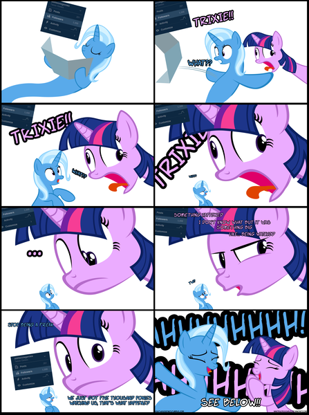 Size: 2136x2864 | Tagged: safe, artist:navitaserussirus, derpibooru import, edit, trixie, twilight sparkle, asktwixiegenies, comic, female, lesbian, shipping, tongue out, tumblr, twixie