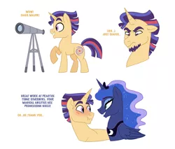 Size: 1024x872 | Tagged: safe, artist:cascayd, derpibooru import, princess luna, oc, oc:starswirl, alicorn, pony, beard, blushing, character study, colt, dialogue, facial hair, male, next generation, offspring, parent:flash sentry, parent:twilight sparkle, parents:flashlight, scrunchy face, simple background, telescope, text, white background