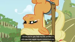 Size: 634x359 | Tagged: safe, derpibooru import, edit, edited screencap, screencap, applejack, earth pony, pony, applebuck season, caption, female, mare, meme, solo, sweet apple acres, upside down, youtube caption