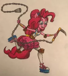 Size: 2607x2921 | Tagged: safe, artist:bozzerkazooers, derpibooru import, pinkie pie, equestria girls, equestria girls series, chains, clothes, female, kusarigama, ninja, open mouth, sickle, simple background, solo, traditional art, weapon, white background