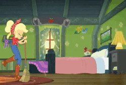 Size: 529x360 | Tagged: safe, derpibooru import, screencap, applejack, equestria girls, equestria girls series, five to nine, animated, bedroom, boots, broom, clothes, country, country applejack, jacket, jeans, lamp, pants, shoes, sweeping, sweepsweepsweep, working