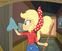 Size: 645x540 | Tagged: safe, derpibooru import, screencap, applejack, equestria girls, equestria girls series, five to nine, animated, bedroom, boots, broom, cleaning, clothes, country, country applejack, jacket, jeans, lamp, pants, shoes, working