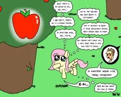 Size: 1000x800 | Tagged: safe, artist:bjdazzle, derpibooru import, applejack, fluttershy, apple, apple tree, atg 2017, eyes on the prize, food, glow, implied flutterbat, newbie artist training grounds, sweat, sweet apple acres, thinking, tree