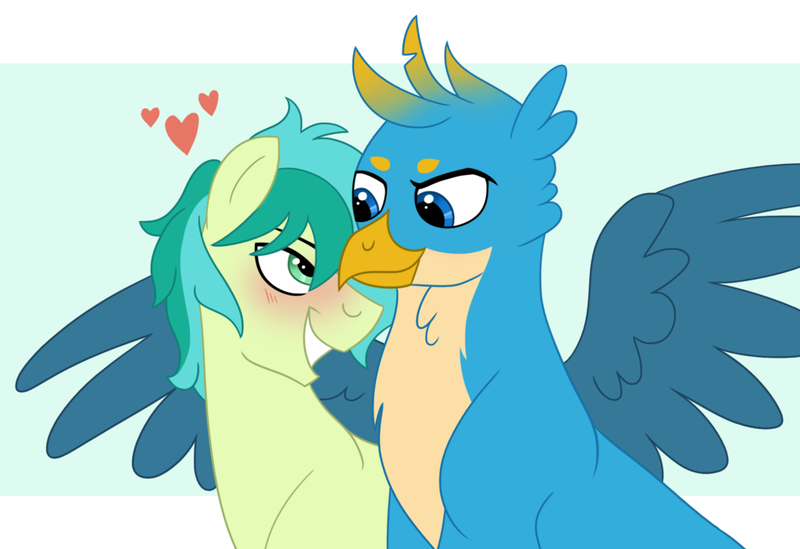 Size: 1024x703 | Tagged: safe, artist:cascayd, derpibooru import, gallus, sandbar, earth pony, gryphon, pony, school daze, blushing, gallbar, gay, heart, interspecies, looking at each other, male, older, older gallus, older sandbar, shipping, simple background, smiling, spread wings, wingboner, wings