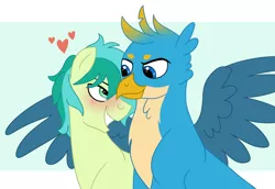 Size: 1024x703 | Tagged: safe, artist:cascayd, derpibooru import, gallus, sandbar, earth pony, gryphon, pony, school daze, blushing, gallbar, gay, heart, interspecies, looking at each other, male, older, older gallus, older sandbar, shipping, simple background, smiling, spread wings, wingboner, wings