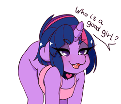Size: 965x829 | Tagged: suggestive, artist:tolsticot, derpibooru import, twilight sparkle, anthro, unicorn, animated, behaving like a dog, bottomless, clothes, collar, female, femsub, frame by frame, gif, good girl, image, mare, offscreen character, open mouth, panting, partial nudity, pet play, pettwi, sexy, simple background, solo, solo female, submissive, tail wag, tongue out, unicorn twilight, white background