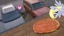 Size: 640x360 | Tagged: safe, derpibooru import, edit, derpy hooves, pinkie pie, pony, breaking bad, car, food, meat, obligatory pony, pepperoni, pepperoni pizza, pizza, roof, scrunchy face, walter white