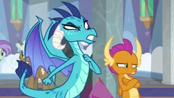 Size: 1280x720 | Tagged: safe, derpibooru import, screencap, clever musings, princess ember, smolder, violet twirl, dragon, pony, school daze, angry, authority, background pony, claws, clenched fist, crossed arms, demanding, dragoness, duo focus, female, folded wings, forced, friendship student, gritted teeth, hand on chest, horns, leaning, narrowed eyes, pouting, raised eyebrow, rebellious teen, school of friendship, spoiled brat, spread wings, sulking, wings