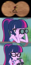 Size: 360x746 | Tagged: safe, derpibooru import, edit, edited screencap, screencap, sci-twi, twilight sparkle, equestria girls, equestria girls series, unsolved selfie mysteries, beach, binoculars, clothes, combat carl, exploitable meme, female, firecracker, geode of telekinesis, magical geodes, meme, sci twi is watching you, swimsuit, this will end in death, toy story