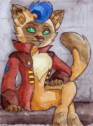 Size: 858x1161 | Tagged: abyssinian, anthro, artist:nancyksu, capper dapperpaws, derpibooru import, looking at you, male, my little pony: the movie, safe, sitting, solo, traditional art, watercolor painting