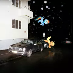 Size: 4134x4134 | Tagged: safe, derpibooru import, applejack, rainbow dash, ponified, pony, absurd resolution, album cover, brand new, car, duo, emo, irl, mercedes-benz, parody, photo, ponies in real life, ponified album cover