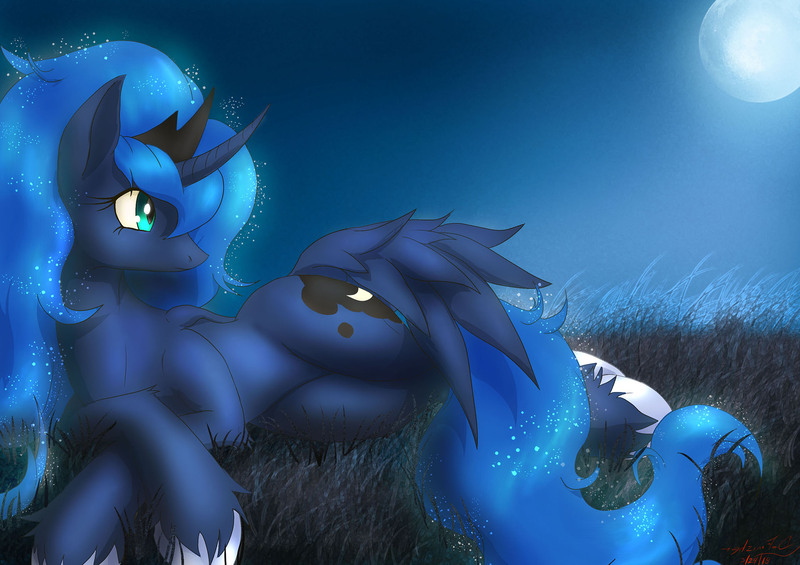 Size: 1920x1357 | Tagged: safe, artist:definisher, derpibooru import, princess luna, alicorn, pony, crown, curved horn, female, full moon, grass, jewelry, looking back, mare, moon, night, regalia, solo