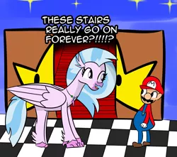 Size: 2933x2596 | Tagged: safe, artist:artiks, derpibooru import, silverstream, classical hippogriff, hippogriff, school daze, dialogue, endless stairs, mario, stairs, super mario 64, super mario bros., that hippogriff sure does love stairs