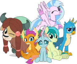 Size: 5067x4245 | Tagged: safe, artist:jhayarr23, derpibooru import, gallus, ocellus, sandbar, silverstream, smolder, yona, changedling, changeling, classical hippogriff, dragon, gryphon, hippogriff, pony, yak, school daze, absurd resolution, best friends, claws, cloven hooves, cute, diaocelles, diastreamies, dragoness, feathered fetlocks, female, gallabetes, jewelry, male, necklace, one eye closed, sandabetes, school of friendship, sextet, simple background, smolderbetes, student six, teenager, transparent background, wink, yonadorable
