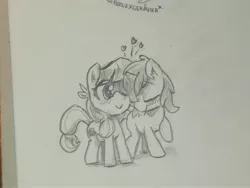 Size: 3968x2976 | Tagged: safe, artist:the-wag, derpibooru import, dinky hooves, lily longsocks, earth pony, pony, unicorn, adorable face, blushing, cute, daaaaaaaaaaaw, dinkabetes, dinkily, female, filly, foal, foal romance, heart, hnnng, lesbian, raised hoof, request, requested art, shipping, sketch, snuggling, traditional art