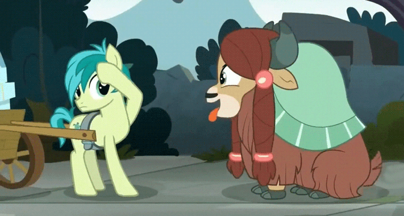 Size: 897x480 | Tagged: safe, derpibooru import, screencap, sandbar, yona, earth pony, pony, yak, school daze, animated, behaving like a dog, cart, cloven hooves, cute, duo, excited, male, panting, ponytail, sitting, tail wag, teenager, tongue out, yonadorable