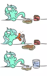 Size: 442x710 | Tagged: safe, artist:jargon scott, derpibooru import, lyra heartstrings, pony, unicorn, absolutely disgusting, comic, everything is ruined, eyes closed, female, food, happy, hoof hold, l.u.l.s., licking, mare, peanut butter, pure unfiltered evil, sandwich, simple background, smiling, solo, sour cream, spoon, tongue out, white background