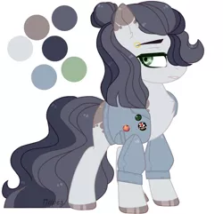 Size: 764x737 | Tagged: safe, artist:porez, derpibooru import, oc, oc:jaded radiance, unofficial characters only, earth pony, pony, chest fluff, clothes, female, hair over one eye, lidded eyes, looking back, mare, reference sheet, simple background, solo, white background