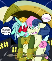 Size: 1650x1945 | Tagged: safe, artist:blackbewhite2k7, derpibooru import, bon bon, lyra heartstrings, sweetie drops, batman, city, clinging, conjuring, crossover, female, hang gliding, heights, kite-man, lesbian, lyrabon, magic, night, parody, scared, shipping, tongue out