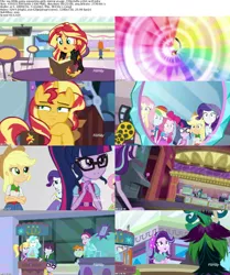 Size: 1024x1225 | Tagged: safe, derpibooru import, screencap, applejack, cloudy kicks, fluttershy, golden hazel, indigo wreath, juniper montage, microchips, paisley, pinkie pie, rainbow dash, rarity, sci-twi, snips, starlight glimmer, sunset shimmer, twilight sparkle, pony, unicorn, equestria girls, mirror magic, spoiler:eqg specials, discovery family logo, geode of empathy, geode of shielding, geode of super speed, geode of super strength, geode of telekinesis, humane five, humane seven, humane six, juniper monstar, magical geodes