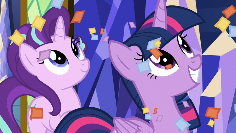 Size: 1920x1080 | Tagged: safe, derpibooru import, screencap, starlight glimmer, twilight sparkle, twilight sparkle (alicorn), alicorn, pony, unicorn, school daze, confetti, duo, duo female, female