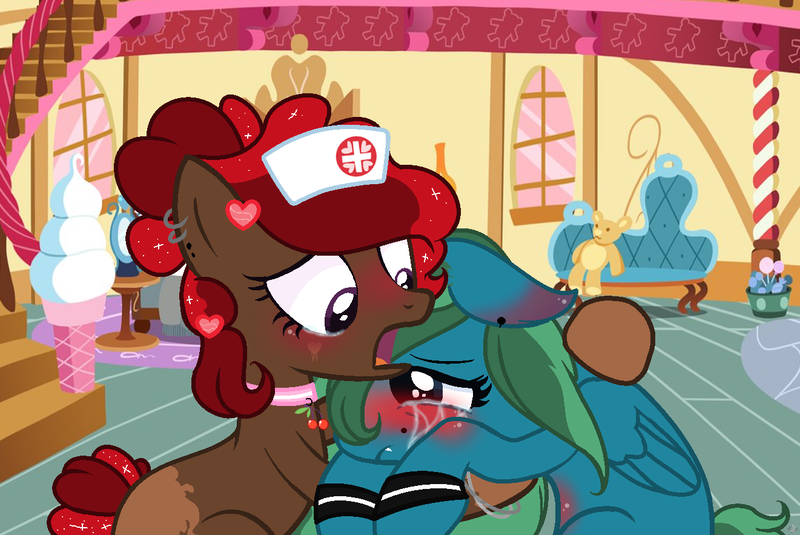 Size: 1321x883 | Tagged: safe, artist:themisslittledevil, derpibooru import, oc, oc:cherry cola, oc:terra, unofficial characters only, earth pony, pegasus, pony, blushing, crying, female, hat, mare, nurse hat