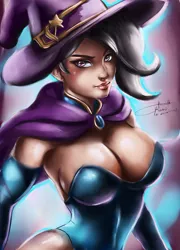 Size: 1153x1600 | Tagged: absolute cleavage, artist:bunsogen, artist:dandonfuga, big breasts, breasts, busty trixie, cape, cleavage, clothes, derpibooru import, female, hat, human, humanized, leotard, signature, solo, solo female, suggestive, trace, trixie, trixie's cape, trixie's hat