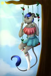 Size: 1003x1489 | Tagged: anthro, clothes, cute, derpibooru import, dracony, dragon, female, flower, happy face, horns, hybrid, oc, oc:martin bluefire, relaxed, relaxing, rule 63, short dress, skimpy, skimpy outfit, socks, solo, solo female, suggestive, swing, tree, tree branch, unofficial characters only