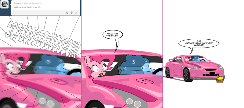 Size: 1808x800 | Tagged: safe, artist:dekomaru, derpibooru import, pinkie pie, earth pony, pony, tumblr:ask twixie, ask, car, comic, cupcake, food, nissan, nissan gt-r, tumblr, wat, water, wordplay