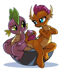 Size: 1989x2298 | Tagged: artist:gsphere, crossed arms, cute, derpibooru import, dragon, dragoness, female, intertwined tails, looking at each other, male, picture for breezies, safe, school daze, shipping, simple background, sitting, smiling, smolder, smolderbetes, spike, spolder, straight, tail wrap, white background