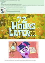 Size: 959x1338 | Tagged: 4chan, calendar, deepest lore, derpibooru import, equestria daily, golden oaks library, /mlp/, realization, safe, spongebob time card, squid baby, timeline, twilight sparkle