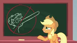 Size: 1280x720 | Tagged: applejack, chalkboard, derpibooru import, pinocchio, safe, school daze, screencap