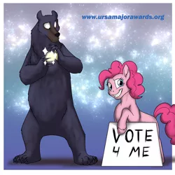 Size: 1000x1000 | Tagged: safe, artist:foxenawolf, derpibooru import, pinkie pie, bear, pony, animal, bipedal, sign, solo, ursa major awards