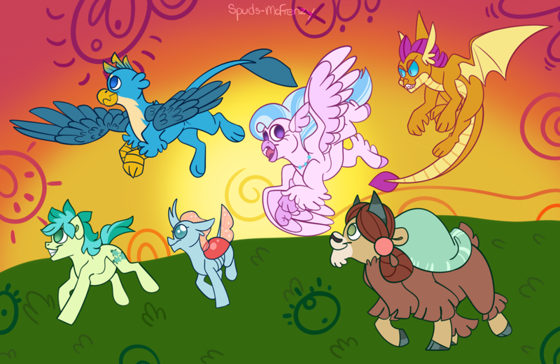 Size: 1024x667 | Tagged: safe, artist:spuds-mcfrenzy, derpibooru import, gallus, ocellus, sandbar, silverstream, smolder, yona, classical hippogriff, gryphon, hippogriff, school daze, cute, diaocelles, diastreamies, gallabetes, monkey swings, sandabetes, smolderbetes, student six, yonadorable