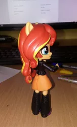 Size: 768x1262 | Tagged: safe, artist:artofmagicpoland, derpibooru import, sunset shimmer, equestria girls, boots, clothes, doll, equestria girls minis, jacket, leather jacket, looking at you, phone, pinup, sexy, shoes, skirt, sultry pose, toy