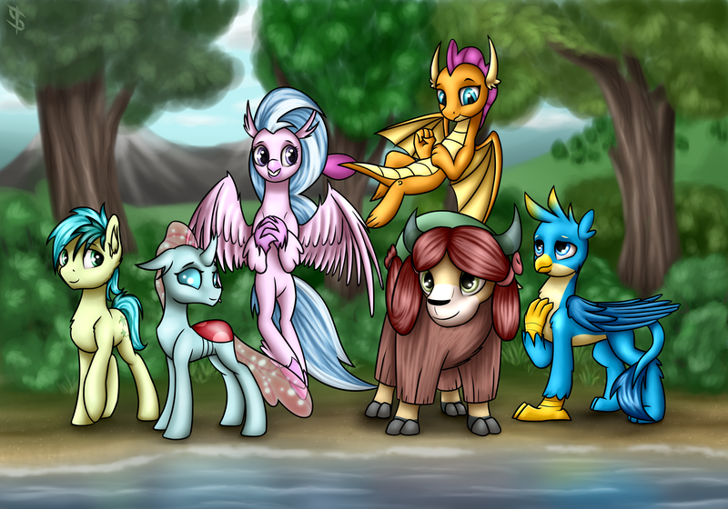 Size: 4000x2800 | Tagged: safe, artist:6editor9, derpibooru import, gallus, ocellus, sandbar, silverstream, smolder, yona, changedling, changeling, classical hippogriff, dragon, earth pony, gryphon, hippogriff, pony, school daze, commission, cute, diaocelles, diastreamies, dragoness, female, gallabetes, high res, sandabetes, smolderbetes, student six, tree, water, yonadorable