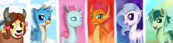 Size: 12000x3000 | Tagged: safe, artist:theunconsistentone, derpibooru import, gallus, ocellus, sandbar, silverstream, smolder, yona, changedling, changeling, classical hippogriff, dragon, earth pony, gryphon, hippogriff, pony, yak, school daze, blue background, cute, cutie mark, diaocelles, diastreamies, dragoness, female, gallabetes, green background, looking at you, male, night, night sky, pink background, red background, sandabetes, simple background, sky, smolderbetes, student six, teenager, yonadorable