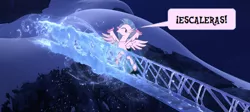 Size: 1000x448 | Tagged: safe, artist:izzyizumi, derpibooru import, silverstream, classical hippogriff, hippogriff, school daze, diastreamies, disney, frozen (movie), let it go, solo, spanish text, that hippogriff sure does love stairs