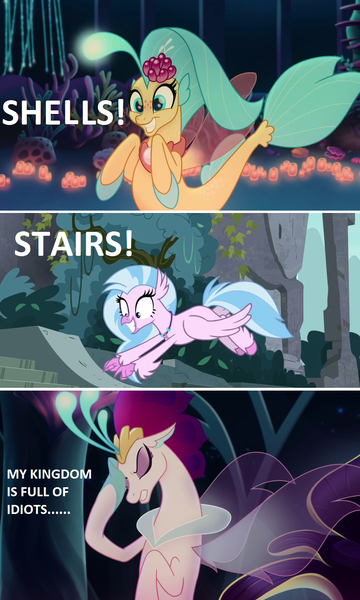 Size: 916x1527 | Tagged: aunt and niece, classical hippogriff, cousins, derpibooru import, edit, edited screencap, excited, facefin, facehoof, female, hippogriff, i'm surrounded by idiots, it runs in the family, mother and daughter, my little pony: the movie, princess skystar, princess skystar does loves shells, queen novo, reference, safe, school daze, screencap, seapony (g4), silverstream, that hippogriff sure does love stairs, that seapony sure does love shells, the lion king