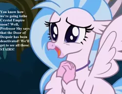 Size: 900x700 | Tagged: bronybait, classical hippogriff, cropped, derpibooru import, diastreamies, edit, edited screencap, excited, hippogriff, implied fluttershy, safe, school daze, screencap, silverstream, text, that hippogriff sure does love stairs